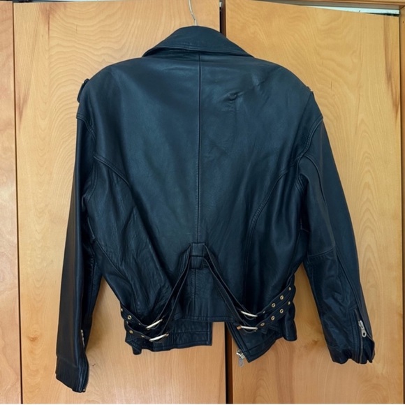 Vintage Siena Studio Women’s Black Genuine Leather Jacket with Gold Details - Picture 2 of 16